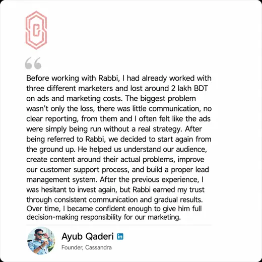 Client review by Ayub Qaderi, Founder, Cassandra