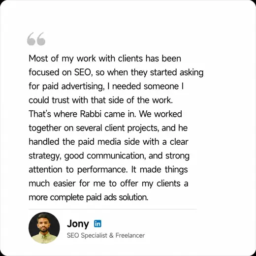 Client review by Jony, SEO Specialist & Freelancer