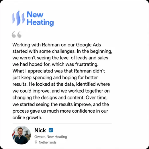 Client review by Nick, Owner, New Heating (Netherlands)